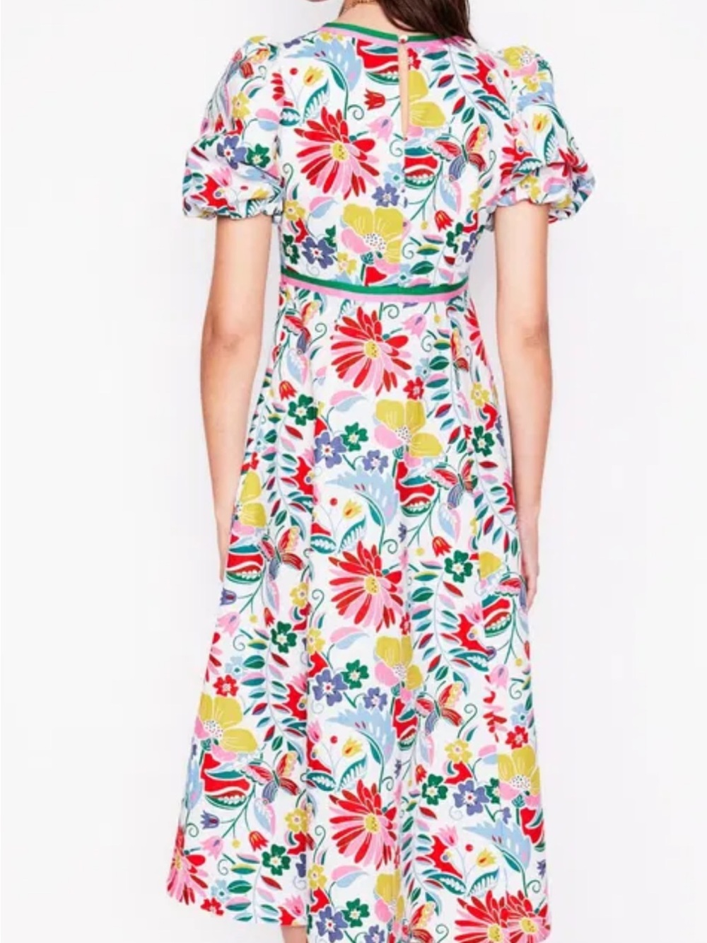 Boden Floral Puff-Sleeve Midi Dress in White with Red, Yellow & Blue - Picture 7 of 7